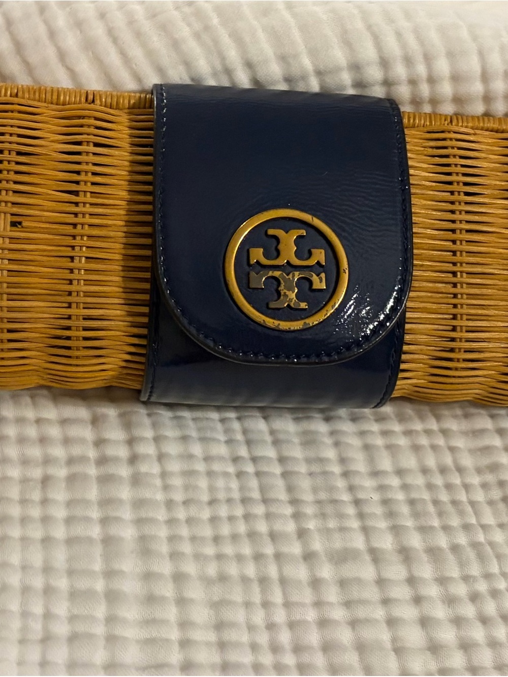 Tory Burch Navy Patent Leather and Wicker Clutch with Gold Logo